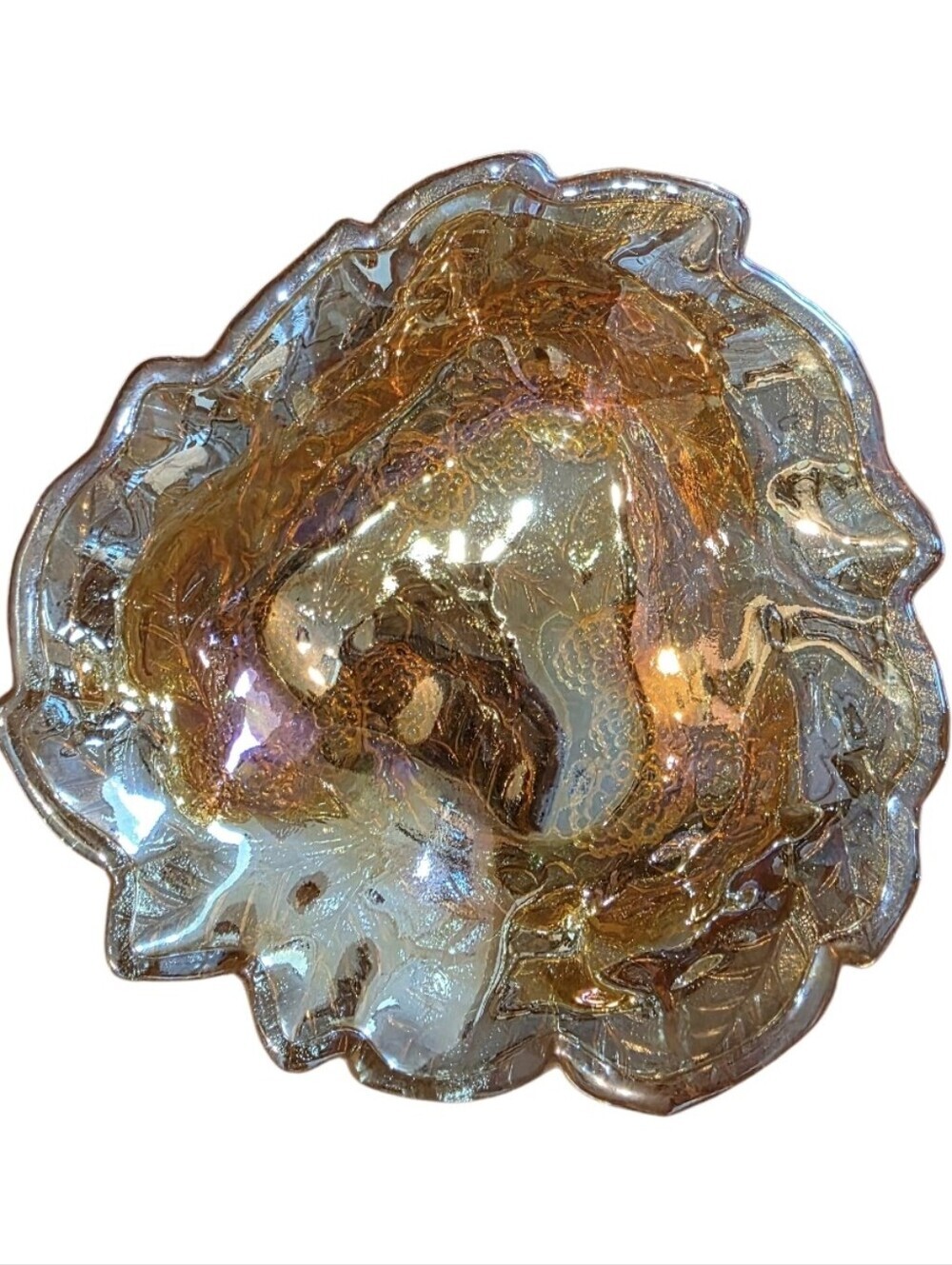 Vintage Indiana Amber Carnival Glass Loganberry Candy Dish 7 Inches